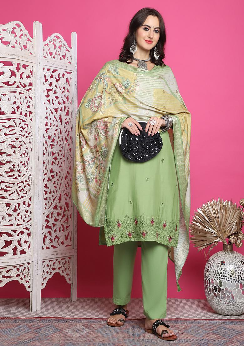 Green Embroidered Muslin Kurta Set
