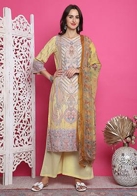 Yellow Digital Print Satin Kurta Set
