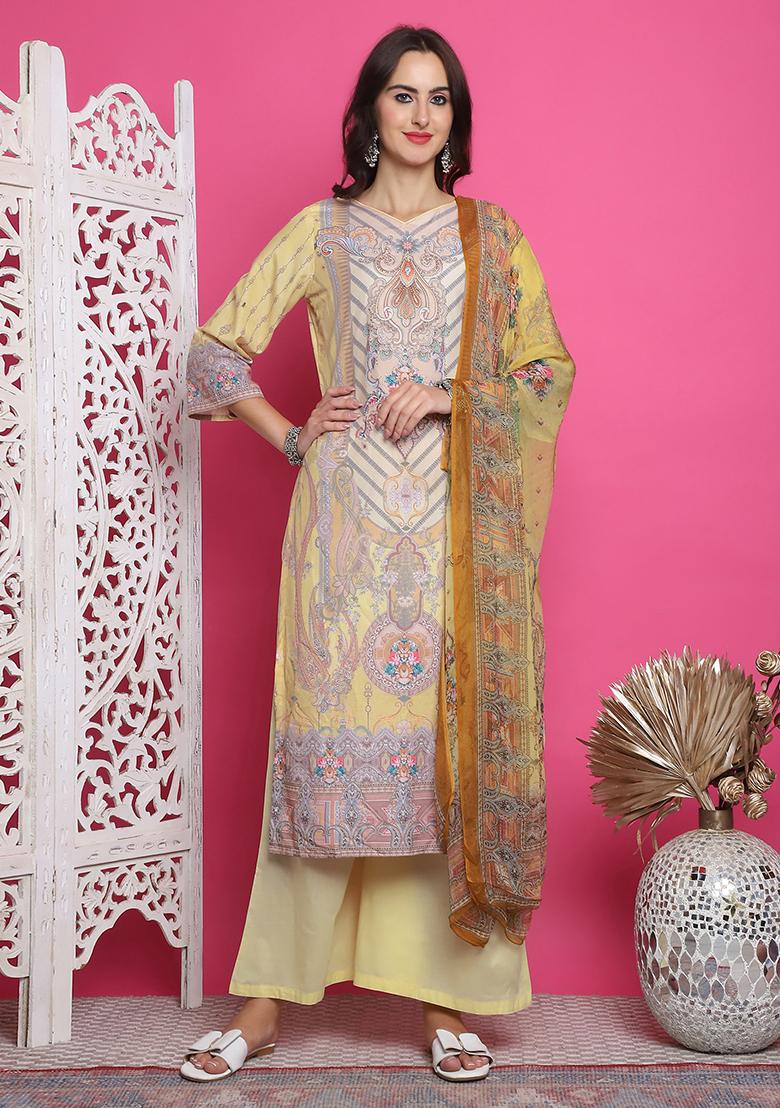 Yellow Digital Print Satin Kurta Set