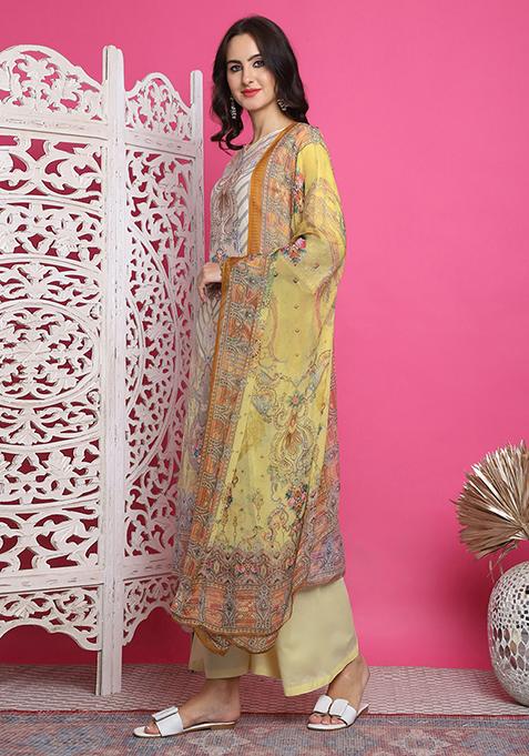 Yellow Digital Print Satin Kurta Set