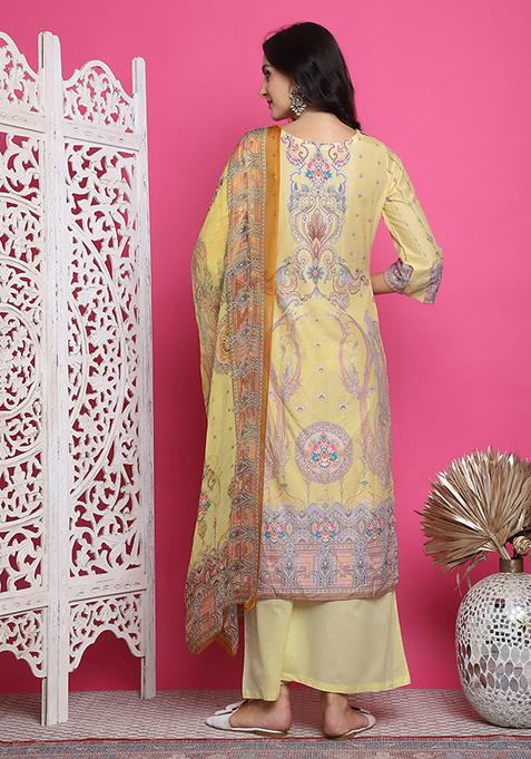 Yellow Digital Print Satin Kurta Set