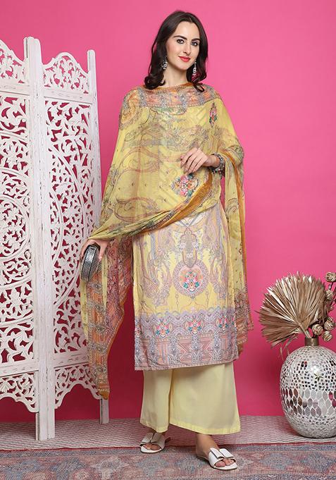 Yellow Digital Print Satin Kurta Set