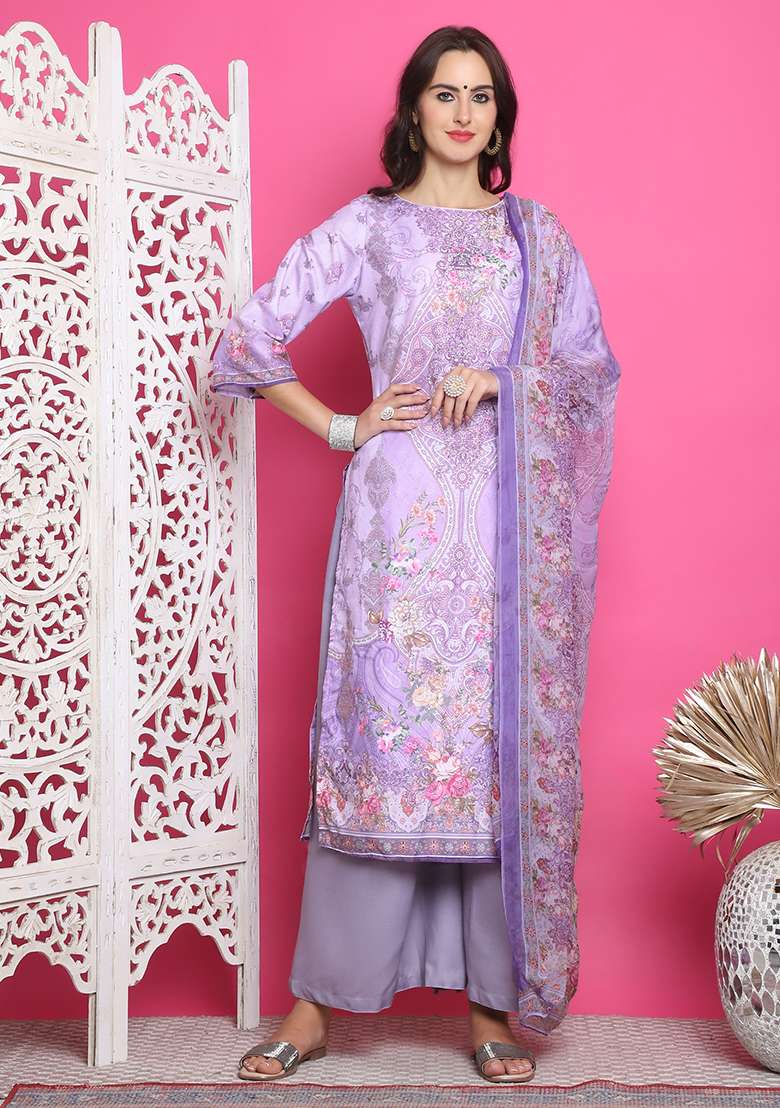 Lavender Printed Satin Straight Kurta Set - Indya