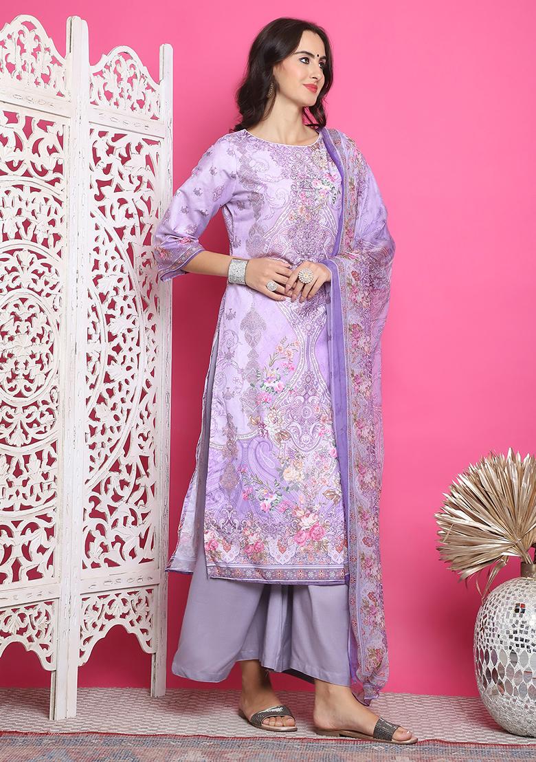 Lavender Digital Print Satin Kurta Set