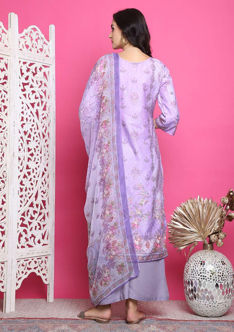 Lavender Printed Satin Straight Kurta Set - Indya