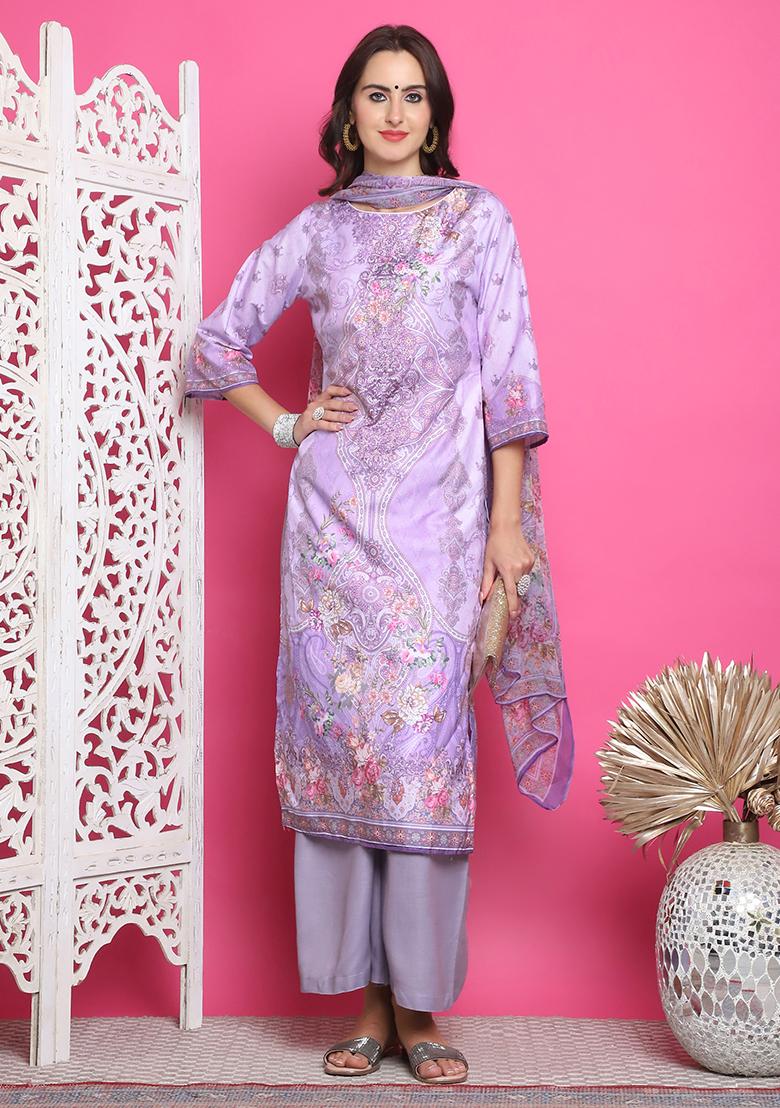 Lavender Digital Print Satin Kurta Set
