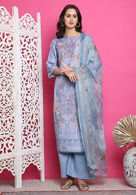 Grey Digital Print Satin Kurta Set