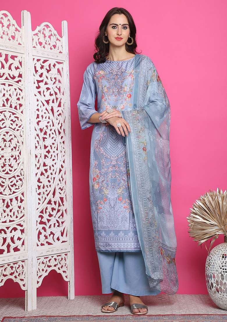 Grey Printed Satin Straight Kurta Set - Indya
