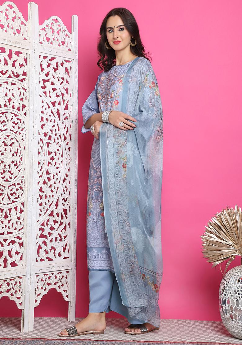 Grey Digital Print Satin Kurta Set