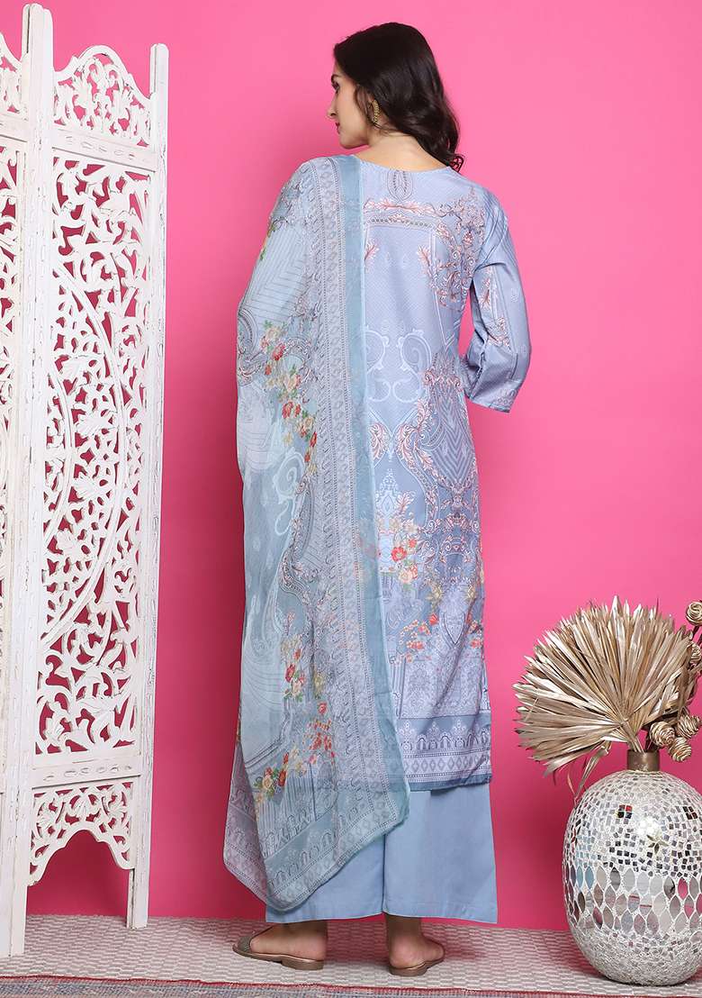 Grey Printed Satin Straight Kurta Set - Indya