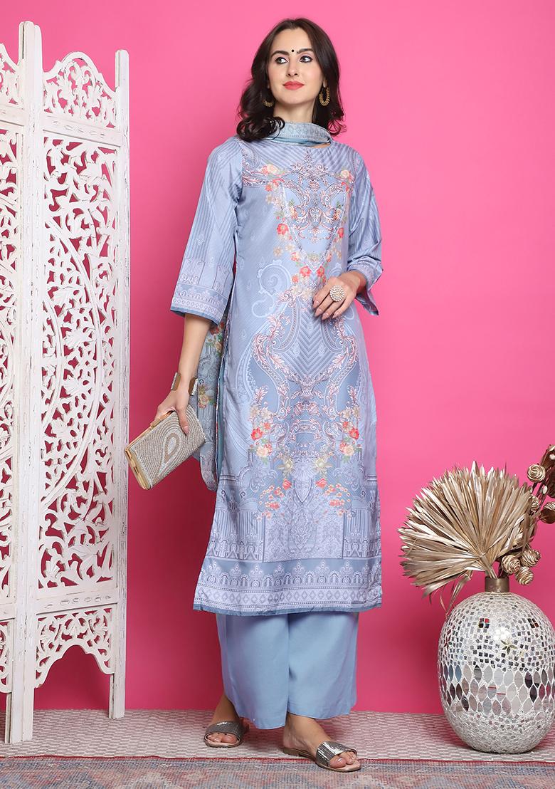 Grey Digital Print Satin Kurta Set
