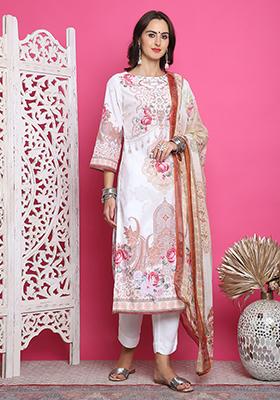 Cream Digital Print Satin Kurta Set