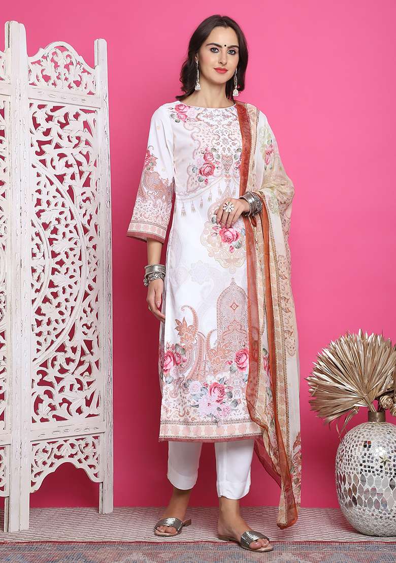 Cream Printed Satin Pakistani Suit Set - Indya