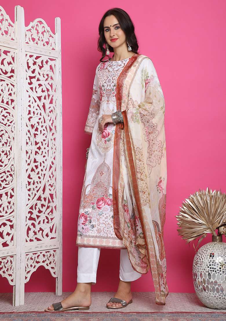 Cream Printed Satin Pakistani Suit Set - Indya
