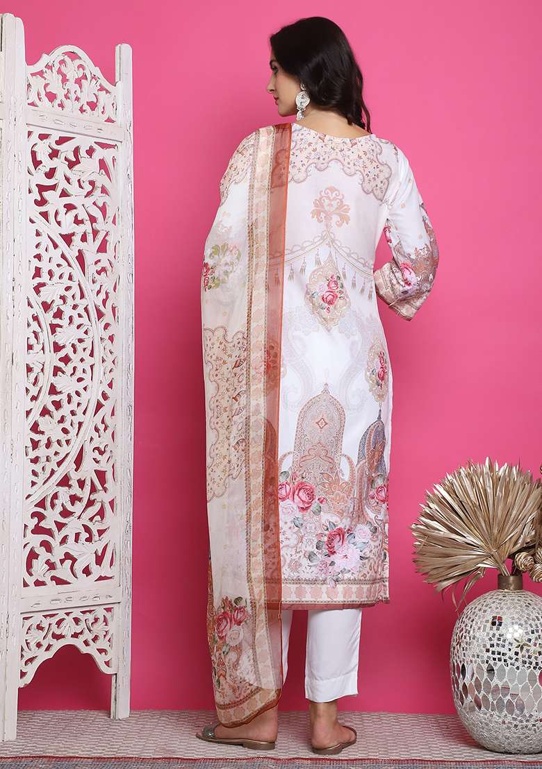 Cream Printed Satin Pakistani Suit Set - Indya