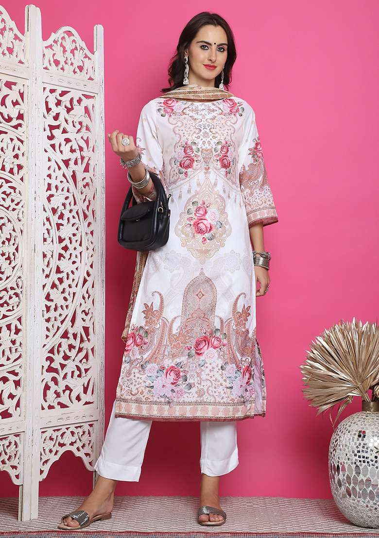 Cream Printed Satin Pakistani Suit Set - Indya