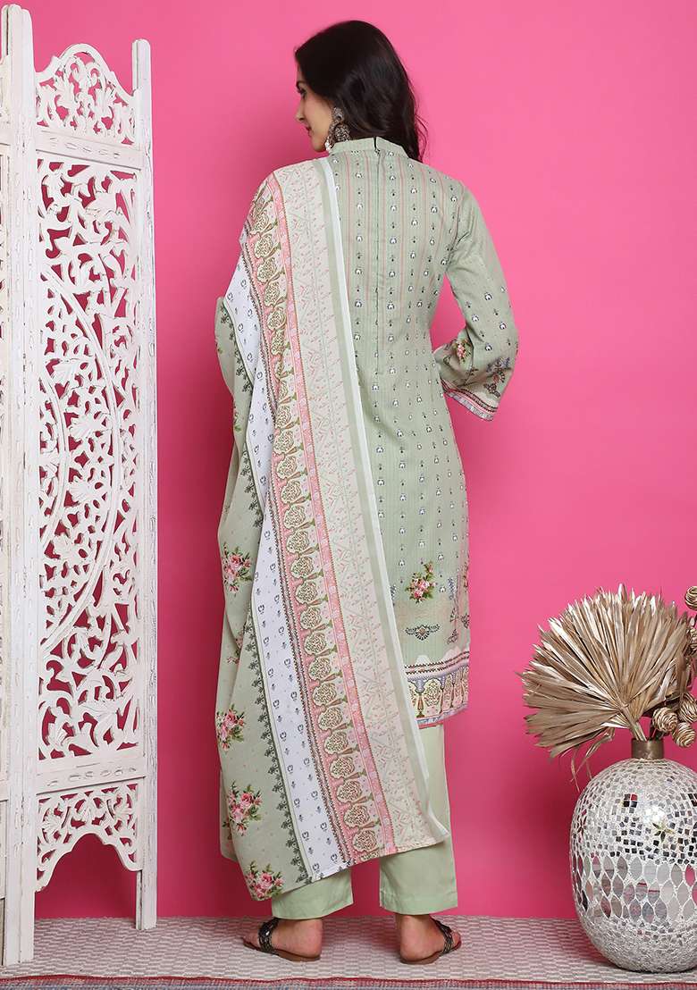Green Embroidered Cotton Pakistani Suit Set - Indya