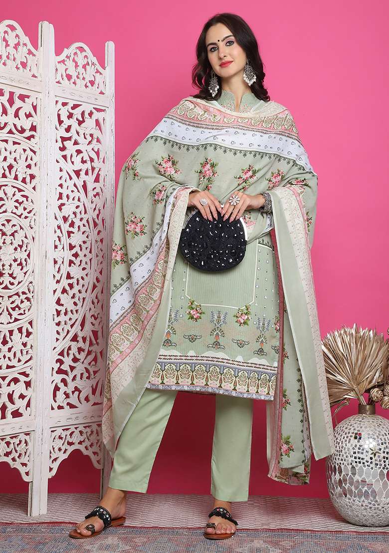 Green Embroidered Cotton Pakistani Suit Set - Indya