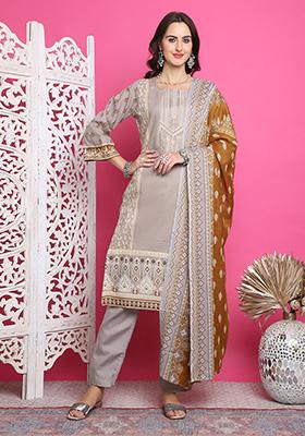 Grey Digital Print Cotton Kurta Set