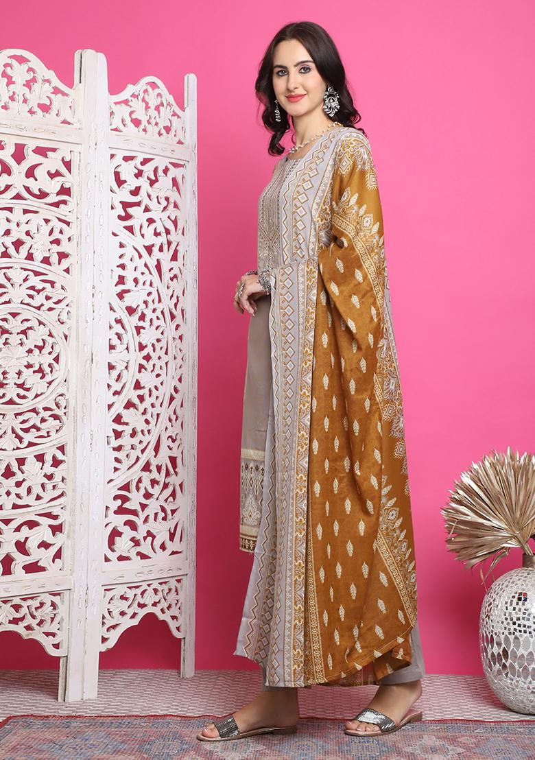 Grey Digital Print Cotton Kurta Set