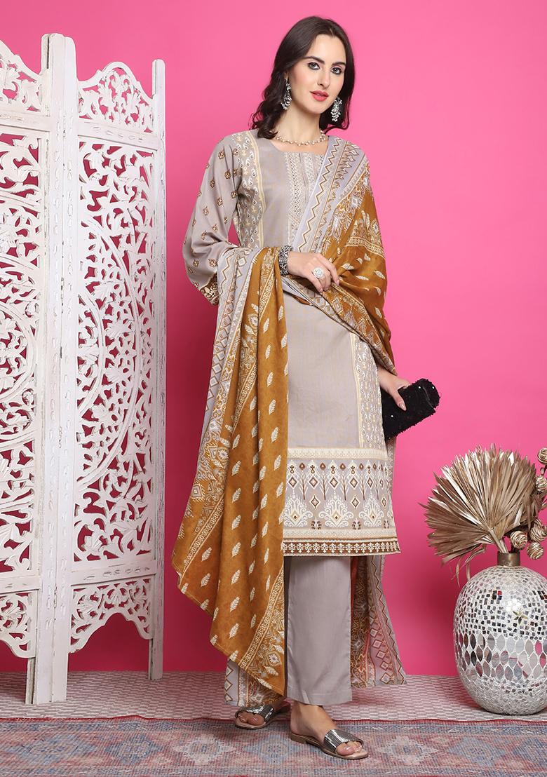 Grey Digital Print Cotton Kurta Set