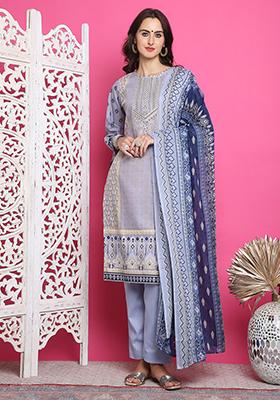 Sky Blue Digital Print Cotton Kurta Set