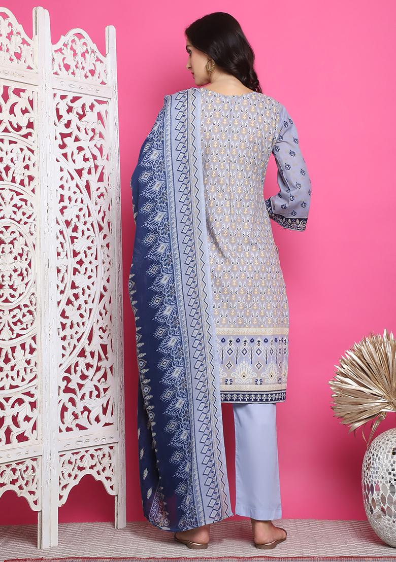 Sky Blue Digital Print Cotton Kurta Set
