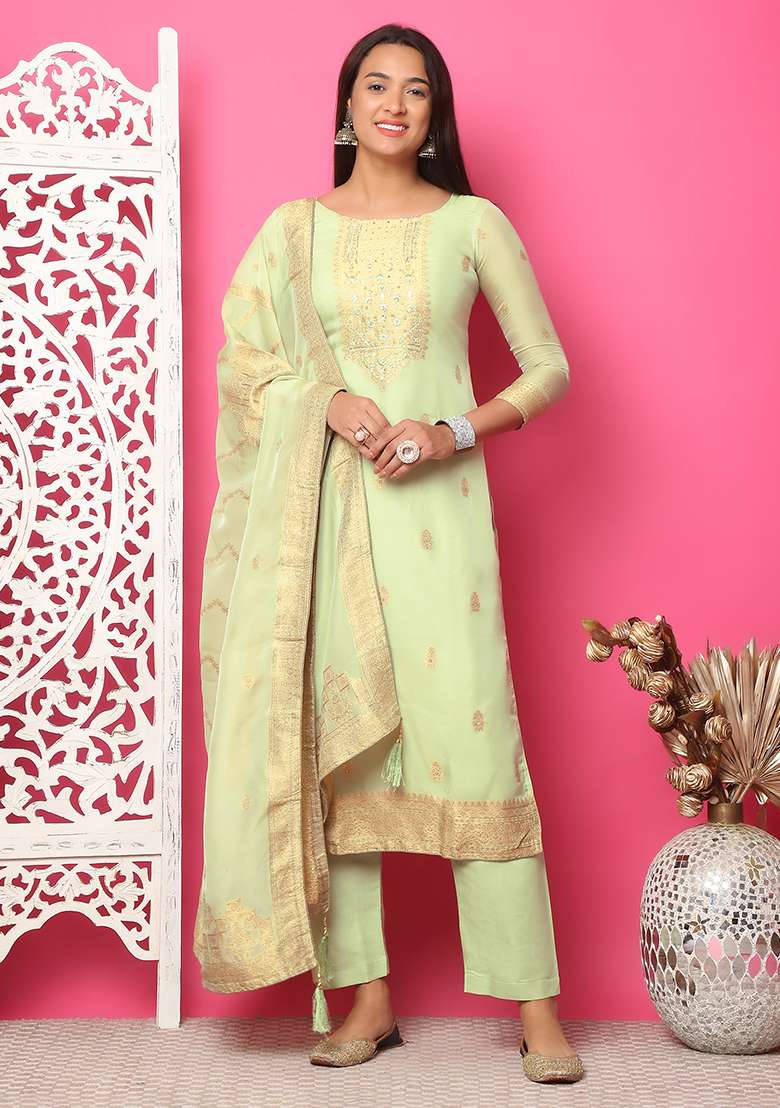 Pista Green Embroidered Jacquard Straight Kurta Set - Indya