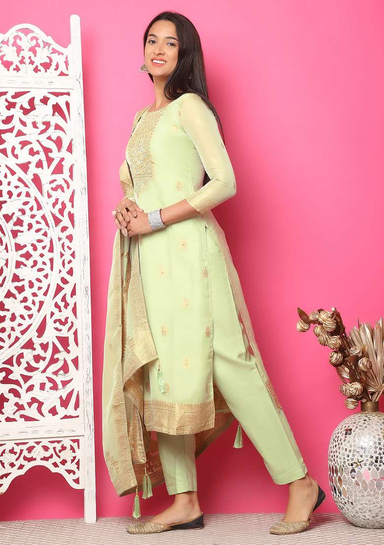 Pista Green Embroidered Jacquard Straight Kurta Set - Indya