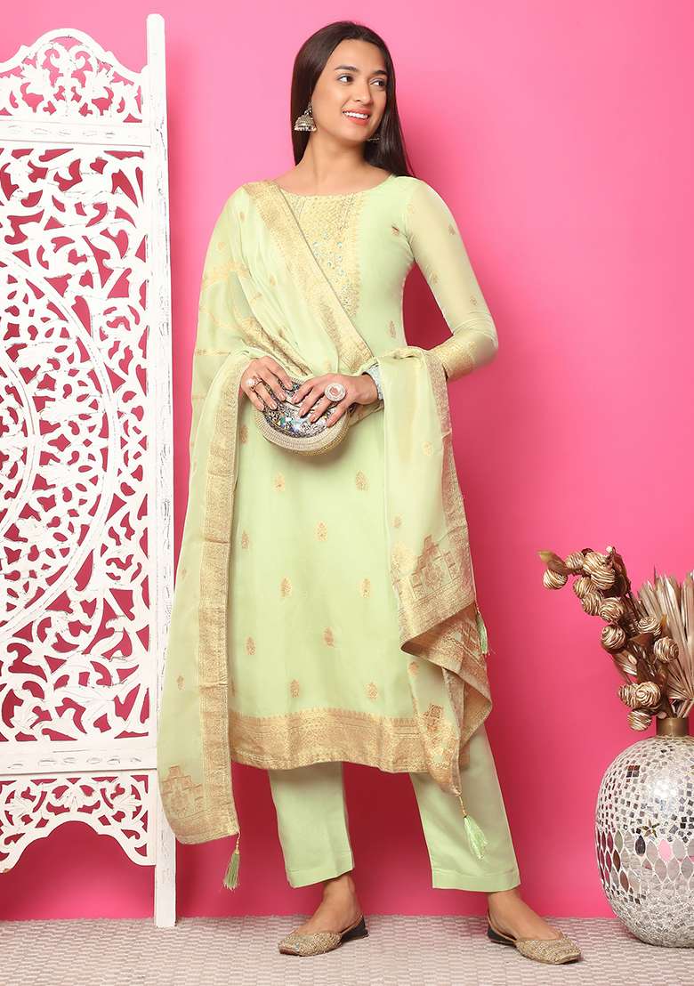 Pista Green Embroidered Jacquard Straight Kurta Set - Indya