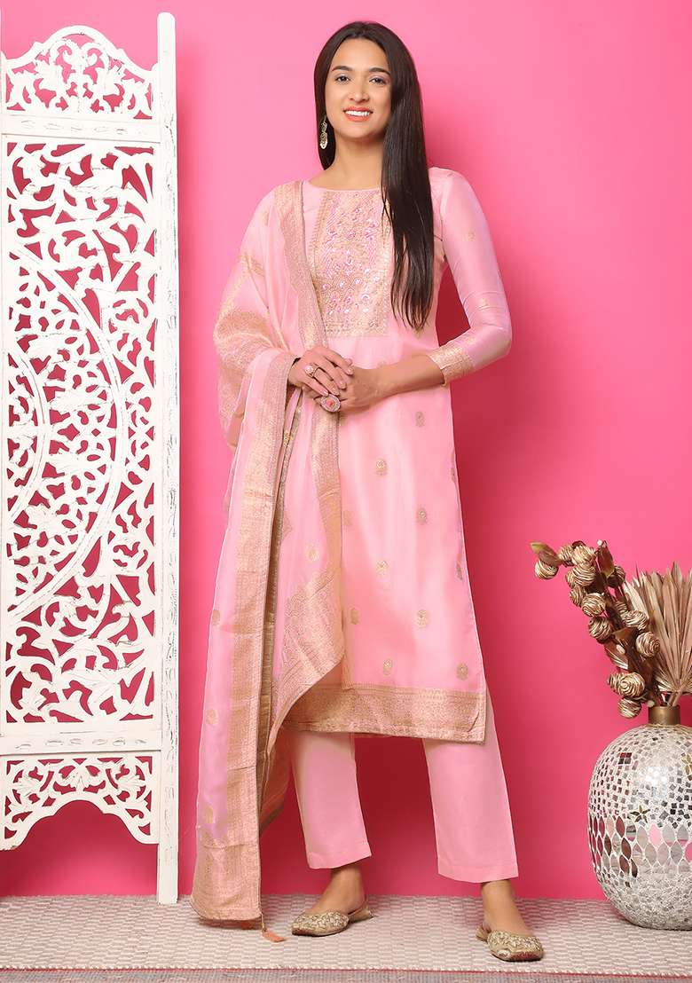 Pink Jacquard Silk Blend Jacquard Kurta Set - Indya