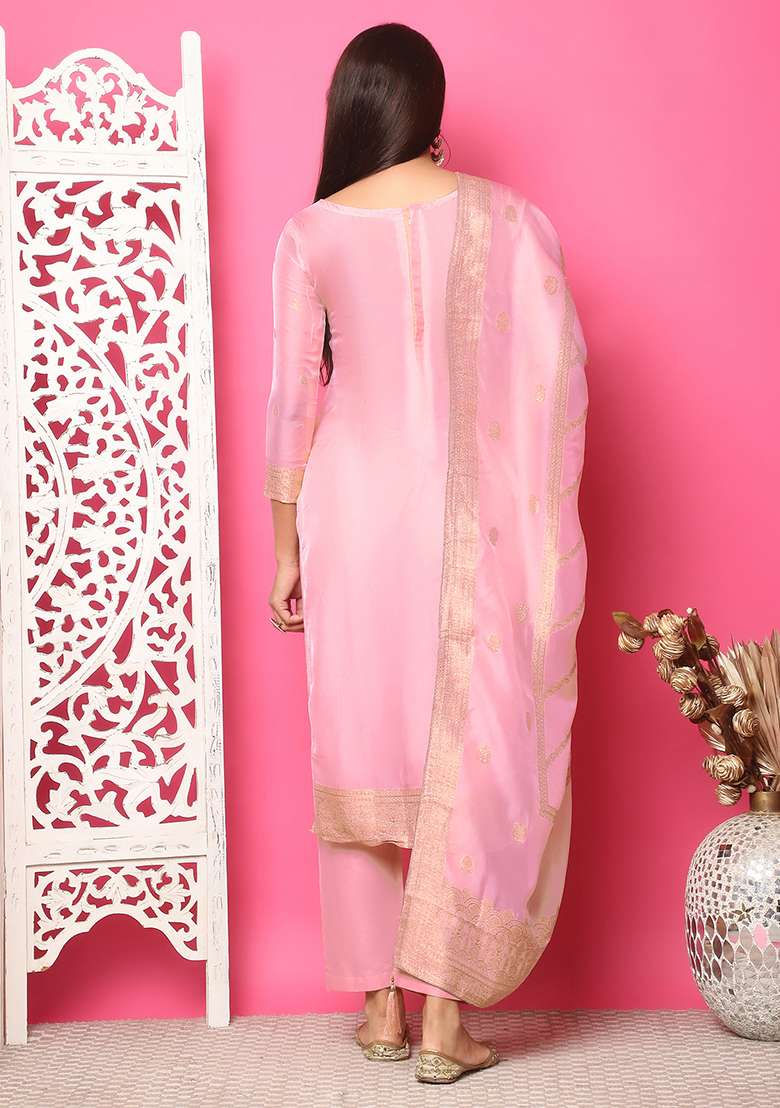 Pink Jacquard Silk Blend Jacquard Kurta Set - Indya