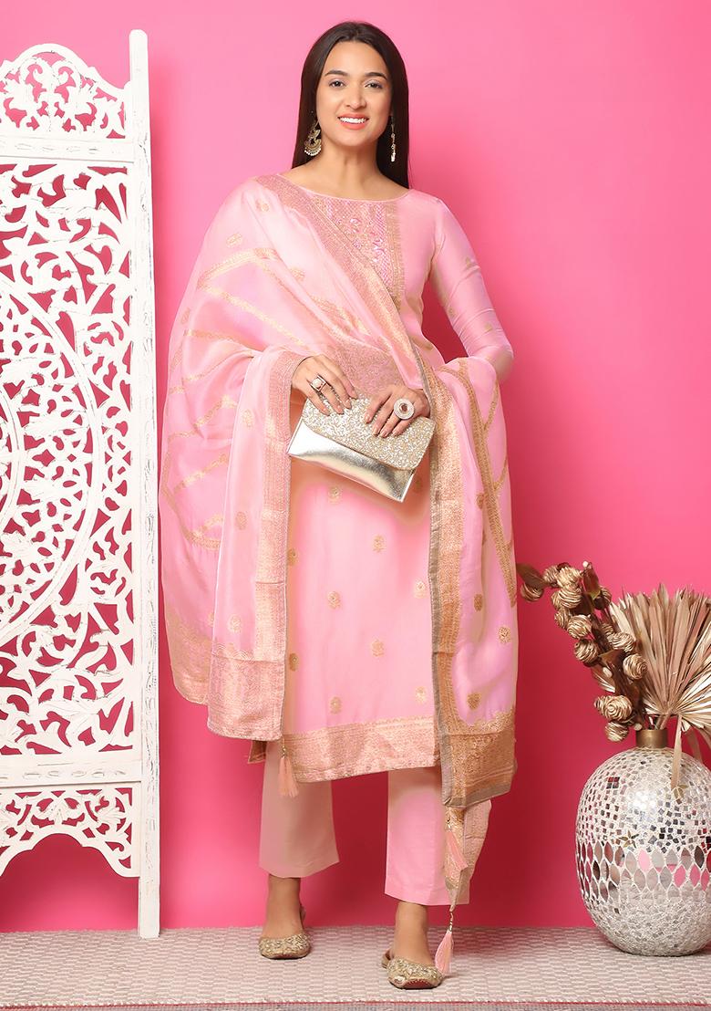 Pink Jacquard Silk Jacquard Kurta Set