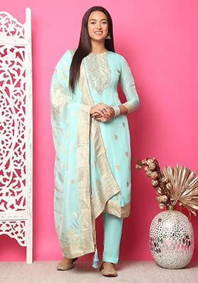 Turquoise Blue Jacquard Silk Jacquard Kurta Set