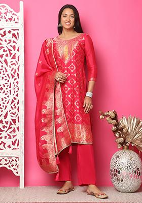 Red Jacquard Silk Jacquard Kurta Set