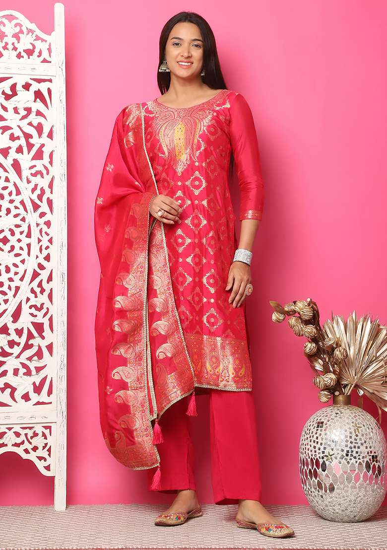 Red Jacquard Silk Blend Straight Kurta Set - Indya