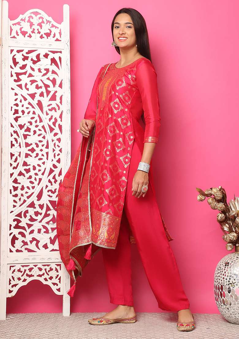 Red Jacquard Silk Blend Straight Kurta Set - Indya