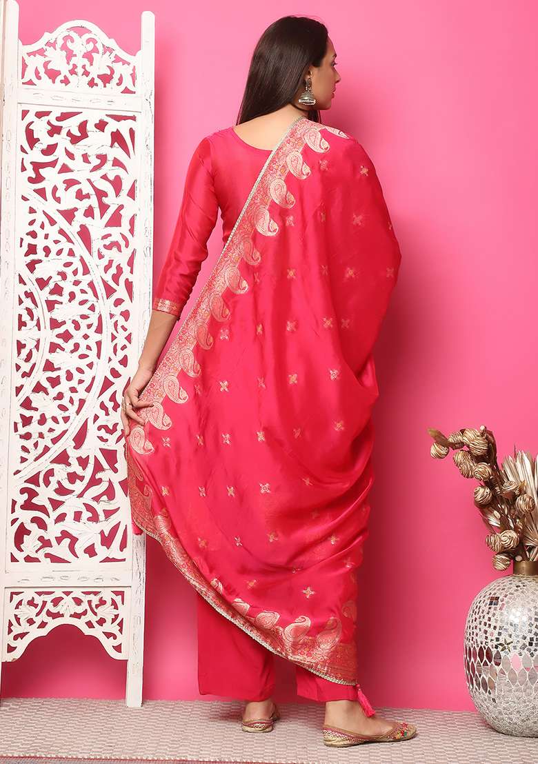 Red Jacquard Silk Blend Straight Kurta Set - Indya