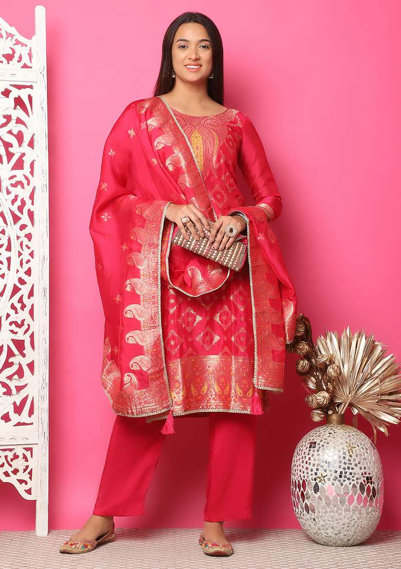 Red Jacquard Silk Blend Straight Kurta Set - Indya