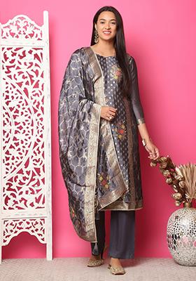 Grey Jacquard Silk Jacquard Kurta Set