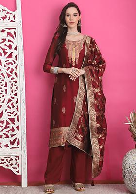 Maroon Jacquard Silk Jacquard Kurta Set