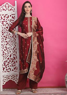 Maroon Jacquard Silk Jacquard Kurta Set
