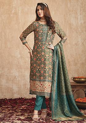Green Digital Print Pure Tissue Shimmer Kurta Set