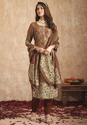 Brown Digital Print Pure Tissue Shimmer Kurta Set