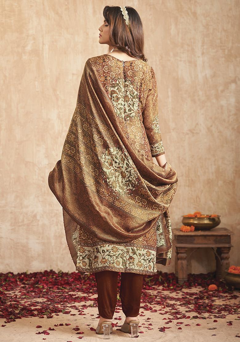 Brown Digital Print Pure Tissue Shimmer Kurta Set