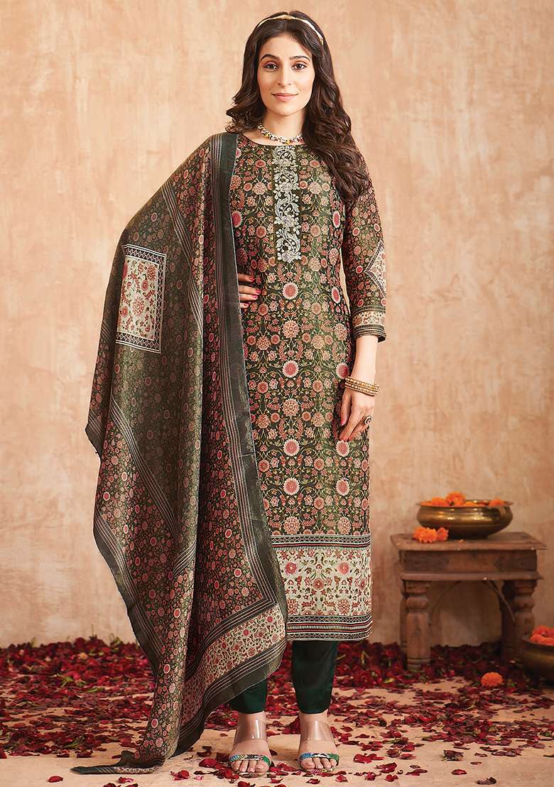 Green Printed Tissue Pakistani Suit Set - Indya