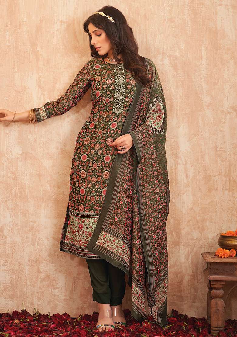 Green Printed Tissue Pakistani Suit Set - Indya