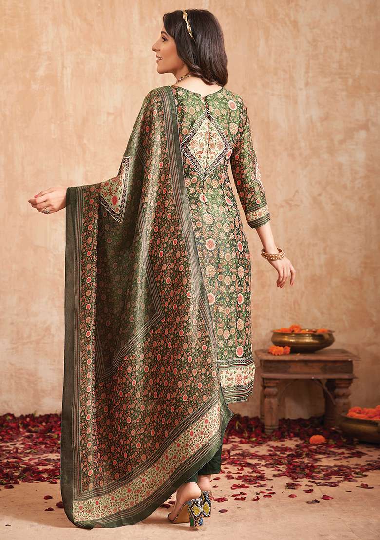 Green Printed Tissue Pakistani Suit Set - Indya