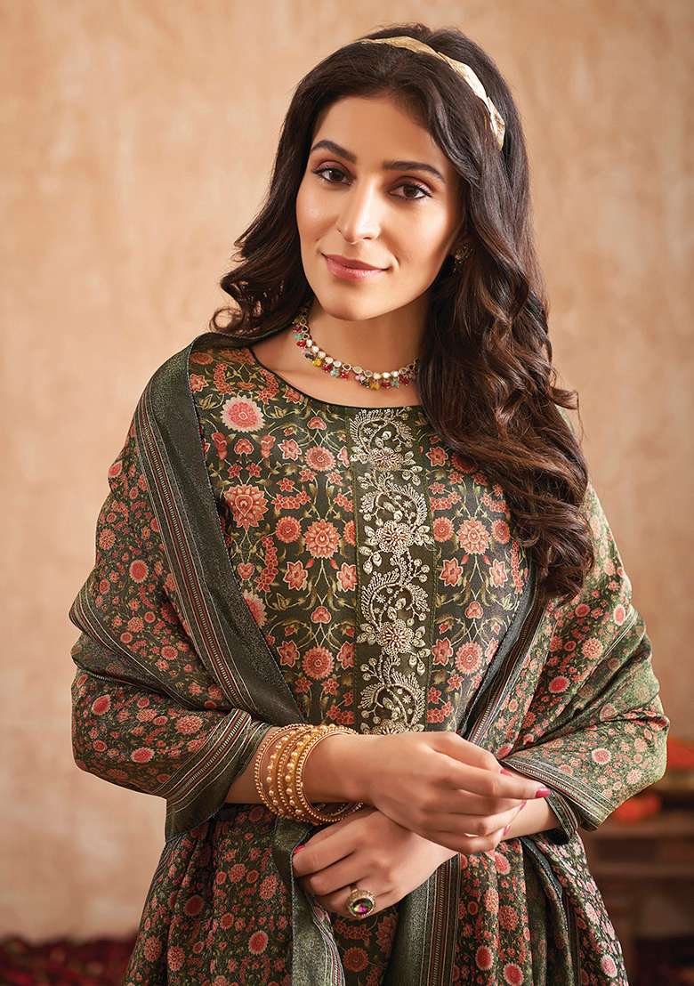 Green Printed Tissue Pakistani Suit Set - Indya