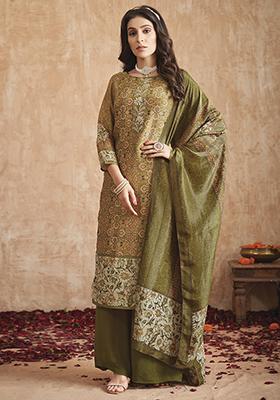 Olive Green Digital Print Pure Tissue Shimmer Kurta Set